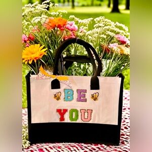 “Be You” Canvas Tote Bag (Chenille with Gold Trim Lettering and Bee Details)